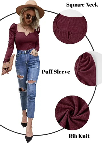Miniatura 3 de Valphsio Womens Puff Long Sleeve Top Ribbed Knit Slim T Shirt Square Neck Solid Blouse