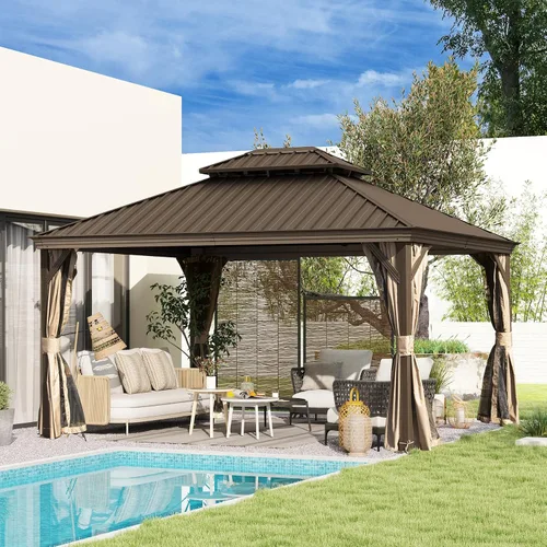 Miniatura 36 de Domi - Cenador de techo rígido de 8 x 8 pies con malla y cortinas, cenador para exteriores con techo doble de acero galvanizado para patio, césped