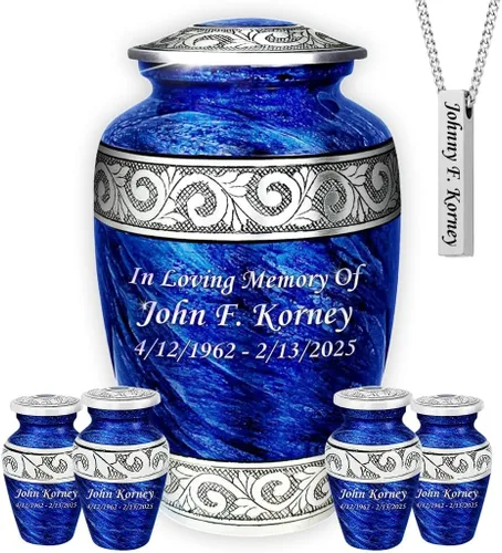 Miniatura 22 de Juego de 6 urnas funerarias decorativas negras y doradas personalizadas/grabadas para cenizas humanas, hombres y mujeres, con 1 urna grande