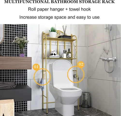 Miniatura 4 de Organizador de baño sobre el inodoro, estante independiente sobre el inodoro con ganchos y estante de papel higiénico, estantes de baño sobre