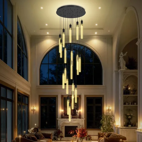 Miniatura 35 de Flashing God Candelabro LED moderno, 10 luces negras regulables, lámpara colgante con control remoto de techo alto para escalera, sala de estar