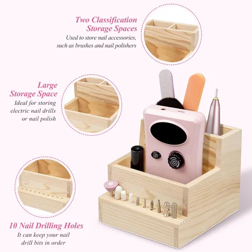 Miniatura 3 de Soporte para brocas de uñas, 10 agujeros de madera, caja de almacenamiento de exhibición, organizador de brocas para uso doméstico o salón de uñas
