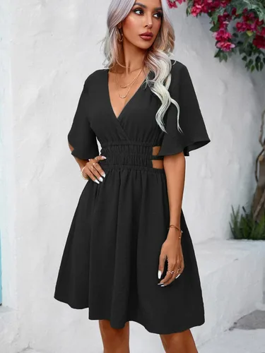 Miniatura 3 de Milumia Vestido corto acampanado con cuello en V y mangas de mariposa para mujer