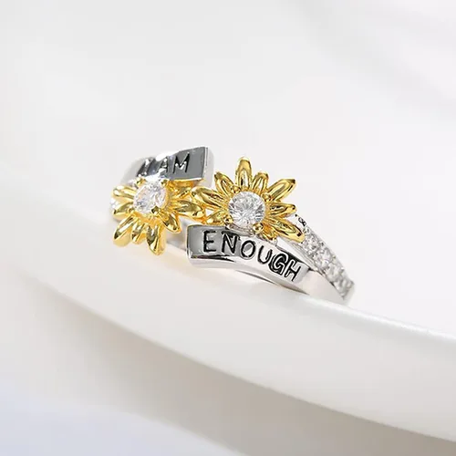 Miniatura 5 de Generic Juego de anillos para ti bicolor I Am Enough English con margaritas de diamantes a la moda multicolor anillos para mujer regalos para mujer