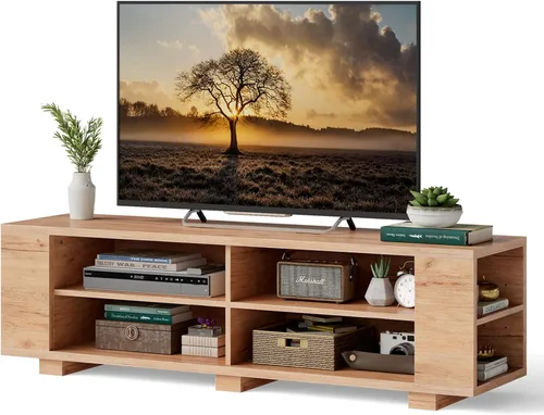 Miniatura 11 de KOTEK Soporte de TV de madera para televisores de hasta 65 pulgadas, mesa consola de TV con 8 estantes de almacenamiento abiertos, moderna mesa
