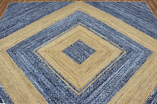 Miniatura 7 de Collection - Alfombra rectangular de 2 x 3 pies, alfombra trenzada azul de algodón y yute, alfombra geométrica kilim para interiores y exteriores