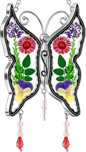 Miniatura 13 de KY&BOSAM - Atrapasoles de mariposa para mamá, regalos de cristal para ventanas, carillón de viento con alas de flores prensadas auténticas con dije