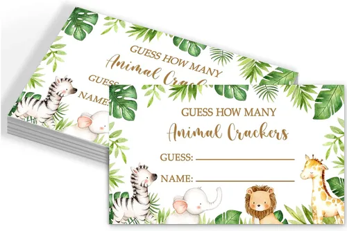 Miniatura 3 de Tarjetas de juego de adivinanzas de la selva de safari, cuántas galletas de animales adivinando, 50 tarjetas y letrero a juego, baby shower