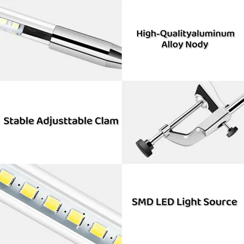 Miniatura 5 de Lámpara de escritorio con abrazadera, 3 modos, 10 brillo, rotación de 360°, luz de lectura para cuidado de los ojos, cuello de cisne flexible de 8 W