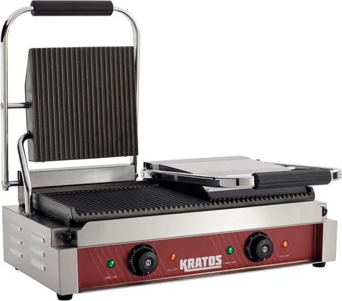 Kratos Parrilla de sándwich Panini eléctrica comercial con placas ranuradas, superficie de cocción de 18.7 x 9 pulgadas, prensa Panini de encimera