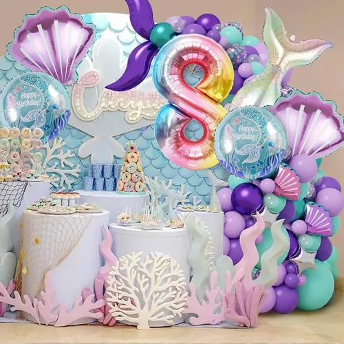 Miniatura 4 de Juego de decoración con globos de aluminio de sirena o temática marina o bajo el mar, para decoración de fiestas, cumpleaños, baby showers
