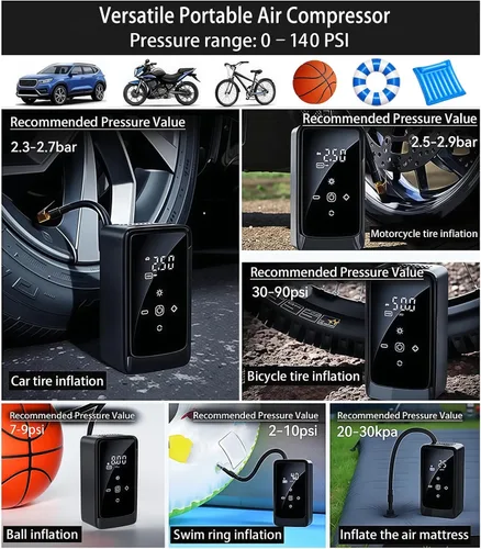 Miniatura 6 de Compresor de aire portátil del inflador de neumáticos, potencia dual (12V DC/recargable) Digital Display Gauge Car Tire air Pump, Battery