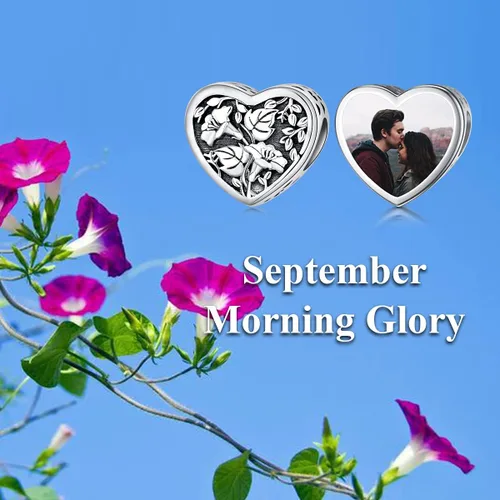 Miniatura 5 de PEIMKO Abalorio personalizado con diseño de corazón de flor de nacimiento, plata de ley, mes de nacimiento, flores, corazón, imagen, abalorio
