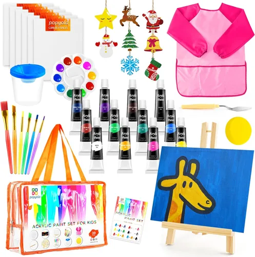 Miniatura 10 de POPYOLA Juego de pintura acrílica para niños, juego de pintura no tóxica para niños con caballete de mesa, pinturas acrílicas, bata, lienzos