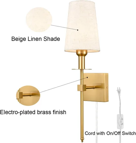 Miniatura 5 de Juego de dos apliques de pared dorados con enchufe, modernos apliques de latón con pantalla de tela, lámparas de pared para dormitorio, pasillo