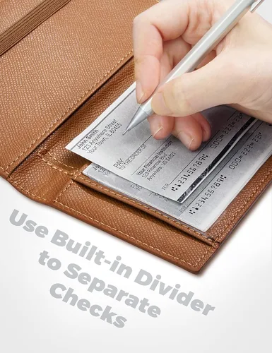Miniatura 122 de Yarnic Funda para chequera personal, soporte para chequera con soporte para bolígrafo y divisor de plástico transparente integrado para cheques Rosa