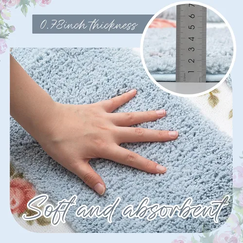Miniatura 4 de Drydiet Juego de 3 alfombras de baño con rosas y flores, decoración de habitación, alfombra de baño floral en forma de U, antideslizante, Azul