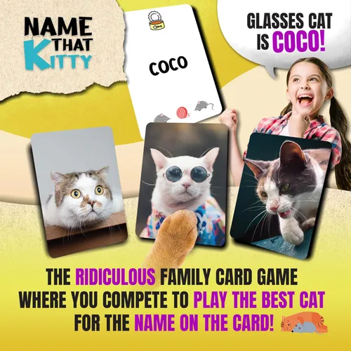 Miniatura 2 de Name that Kitty - Divertido juego de gatos para niños que es ideal para la noche de juegos en familia Juguete con temática de gato de 100 cartas