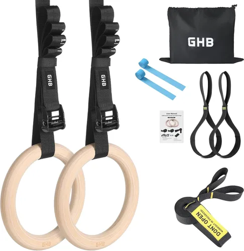 Miniatura 9 de GHB Anillos de gimnasia de madera, anillos olímpicos de 1.25 pulgadas, correas ajustables, juegos de anillos para entrenamiento, peso corporal