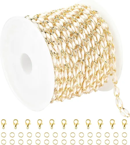 Miniatura 24 de Cadena de goteo de aceite negro para hacer joyas, carrete de cadena de eslabones de cable de latón chapado en oro con anillos abiertos y cierres