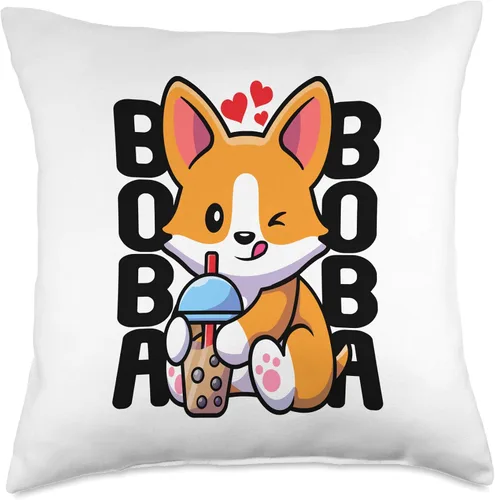 Miniatura 5 de Adorable Corgi Doggy Furry Mammals Pedigree Canine Kawaii Boba Dog Corgi Drink Lindo Anime Bubble Tea - Almohada de corazón, 16 x 16 pulgadas