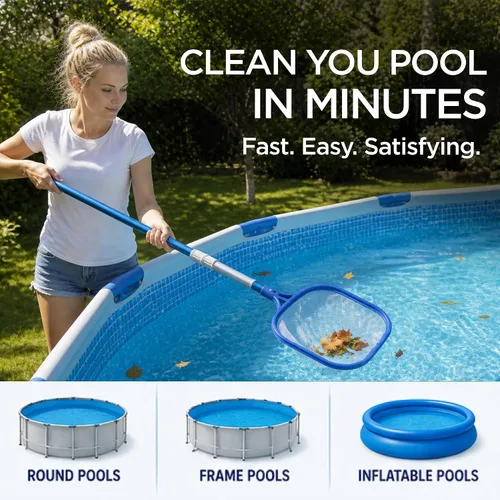 Miniatura 5 de FibroPool Kit de mantenimiento de piscina sobre el suelo – Poste telescópico, red desnatadora de hojas, cabezal de vacío, cepillo de piscina