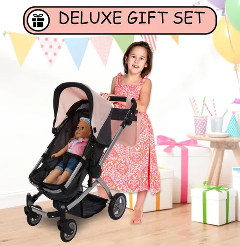 Miniatura 7 de Dolls To Play Cochecito Convertible de Muñeca Bebé para Niños, Mango Ajustable Carrito Buggy Plegable con Toldo y Cesta de Almacenamiento, Ruedas
