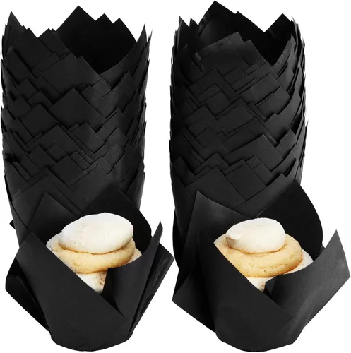 Juvale Revestimientos para cupcakes – 2 x 3.5 pulgadas, negro, paquete de 100 – Revestimientos de tulipanes para cupcakes para hornear y fiestas –
