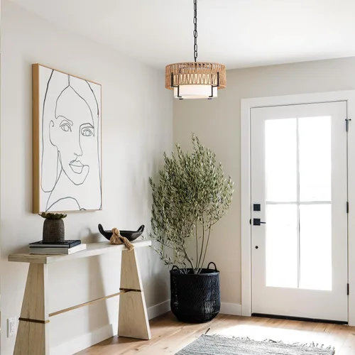 Miniatura 7 de Lámpara Colgante de Ratán, Candelabro Boho de 12.6" con Pantalla de Tela, Lámpara Colgante Estilo Granja Candelabro para Comedor, Sala de Estar