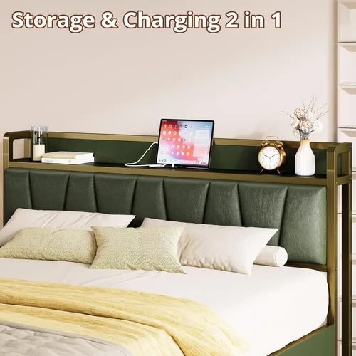 Miniatura 3 de LIKIMIO Armazón de cama Queen con 4 cajones de almacenamiento, cama de plataforma con cabecera con carga, resistente y estable, sin ruido, no Verde