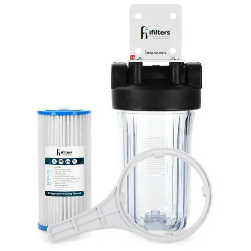 Well Water - Sistema de filtración completo de sedimentos y óxido para toda la casa con filtro lavable plisado, carcasa transparente con puertos de