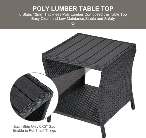 Miniatura 5 de Outdoor Patio Side Table Small Black Wicker Rattan End Table for Outside Storage Coffee Table with Poly Lumber Table Top for Garden Lawn Pool Porch