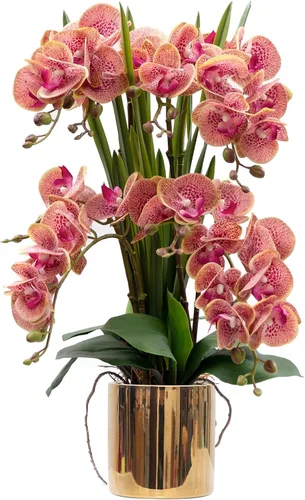 Miniatura 14 de CXGS Planta de orquídeas artificiales de tacto real, orquídeas falsas en jarrón de cerámica, naranja, 19.7 pulgadas, arreglo floral falso