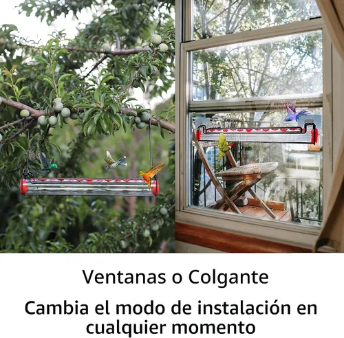 Miniatura 2 de Alimentador de colibríes para colgar en exteriores, colgar y ventana, tubo horizontal de dos modos de alimentación para colibríes, con percha