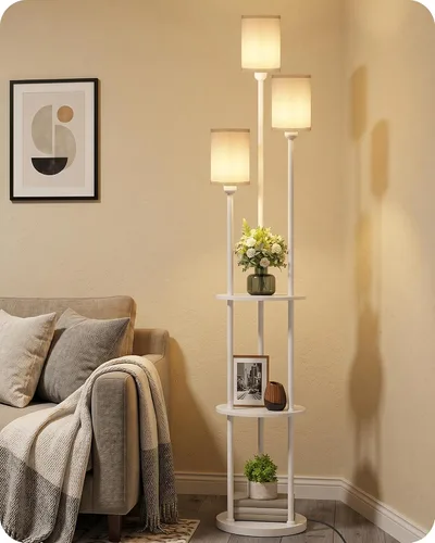 Miniatura 15 de Lámpara de pie negra con estantes, lámpara de pie moderna con 3 pantallas de cristal e interruptor de pie, lámpara de pie de 3 luces, para sala