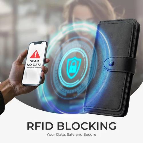 Miniatura 3 de Cartera de cuero con bloqueo RFID para mujeres, diseño delgado de triple pliegue con 14 ranuras para tarjetas y bolsillo con cremallera, Negro
