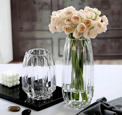 Miniatura 2 de Jarrón grande de 11 pulgadas, florero de vidrio acanalado transparente grueso para estantería, mesa de comedor, escritorio de oficina interior, sala