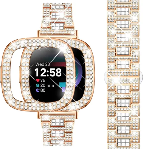 Miniatura 8 de Dsytom Bling Banda de Reloj Elegante Compatible con Fitbit Versa 4, Sense 2, Versa 3, Sense - Correa Linda con Funda Protectora de Rinstone