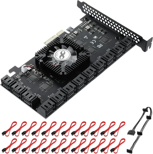 Miniatura 9 de PCle Tarjeta de expansión de controlador SATA III de 16 puertos, 6Gbps X1/X4/X8/X16, soporta 16 dispositivos SATA con cables y soporte de perfil