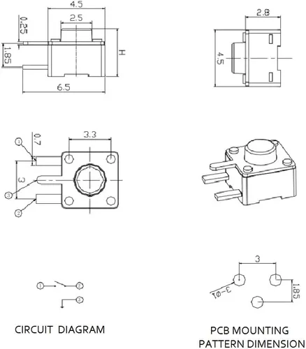 Miniatura 2 de Interruptor táctil de 0.177 x 0.177 x 0.150 in, 3 pines, interruptor de botón pulsador, actuador lateral, orificio pasante, interruptor micro táctil