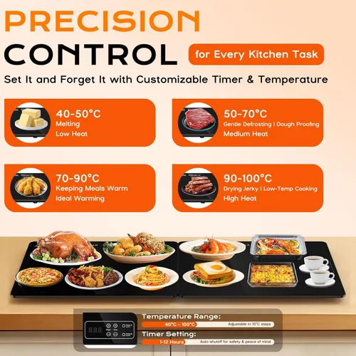 Miniatura 7 de Tapete de calentamiento eléctrico para alimentos de 32 x 12 pulgadas, parte superior de vidrio templado, bandeja calentadora de alimentos