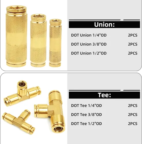 Miniatura 5 de Kit de surtido de 36 piezas de accesorios de línea de freno de aire DOT de latón 1/4" 3/8" 1/2", accesorios de conexión de empuje para reparación