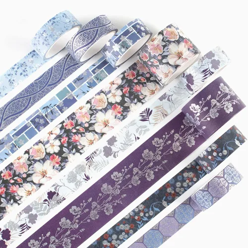 Juego de 8 rollos de cinta adhesiva azul elegante Washi con adornos plateados anchos, cinta decorativa para manualidades, bricolaje, diarios,