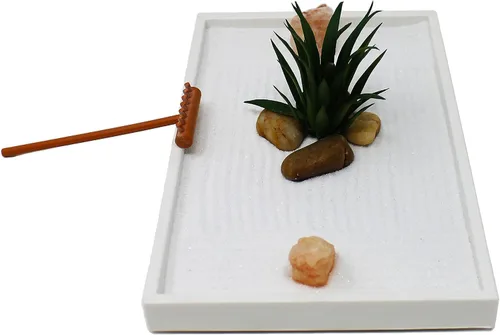 Miniatura 6 de Kit de jardín zen mini de Nature's Mark para escritorio con arena blanca, rastrillo, base blanca, roca de sal y planta aérea (hexágono)