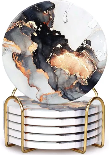 Juego de 6 posavasos de cerámica abstractos de mármol negro con soporte para escritorio, salón, mesa de café, vino, bebidas, bar