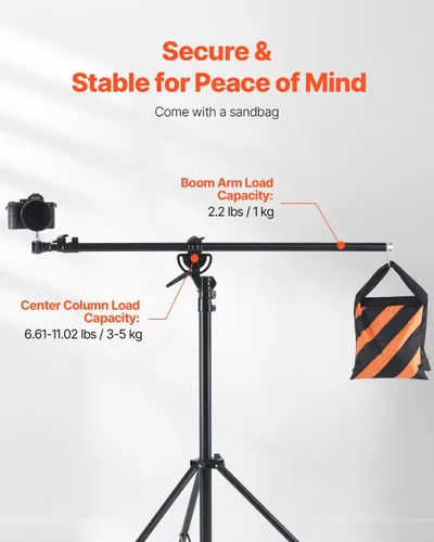 Miniatura 6 de VEVOR Soporte de luz de aluminio, altura máxima de 12.8 pies/153.5 in, soporte de fotografía ajustable con brazo de pluma, bolsa de arena, carga