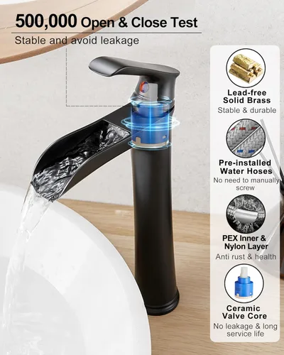 Miniatura 5 de Grifo de Lavabo de Baño Cascada, Grifo de Baño Alto de Latón Negro de Una Sola Manija para Lavabo, Grifos de Baño de Un Orificio Mezclador Grifo