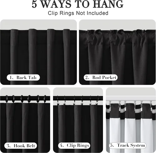 Miniatura 3 de Joywell - 2 cortinas de lino 100% opacas, con bolsillo para cortinero, trabilla trasera, cinta para ganchos y anillas con clip, plisadas, con Negro
