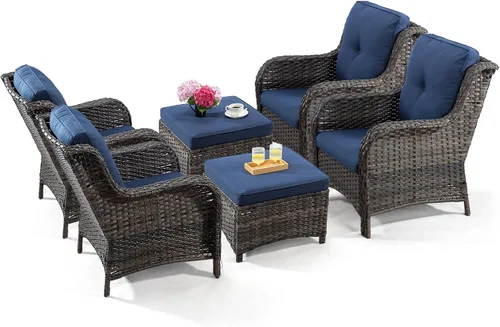 Miniatura 22 de Juego de 2 sillas de patio giratorias de 360 grados para exteriores y mesa auxiliar a juego – 3 sillas deslizantes de mimbre para patio con cojines