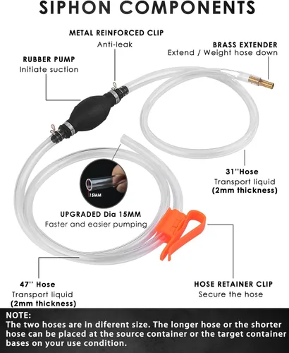 Miniatura 2 de KATUMO Bomba de Sifón, Manguera de Sifón de Gasolina de Calibre Ampliado de 15MM Mejorada Bomba Manual de Sifón de Combustible para Gasolina